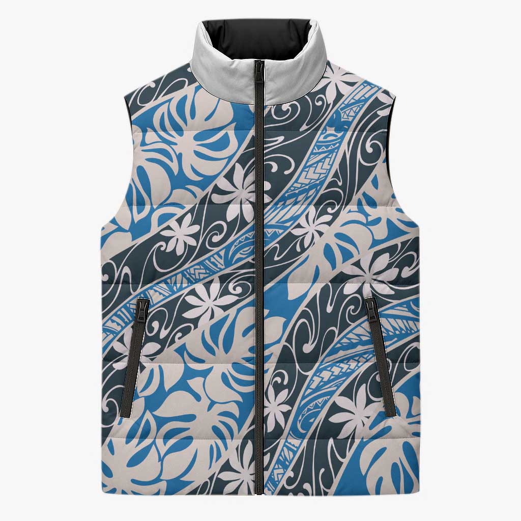 Ninamu Tahiti Tiare Monstera Sleeveless Puffer Jacket Polynesian Pattern Curve Style LT01 Unisex Blue - Polynesian Pride