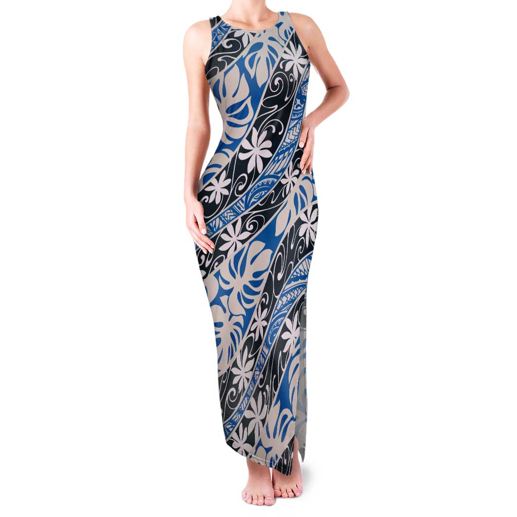 Ninamu Tahiti Tiare Monstera Tank Maxi Dress Polynesian Pattern Curve Style LT01 Women Blue - Polynesian Pride