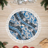 Ninamu Tahiti Tiare Monstera Tree Skirt Polynesian Pattern Curve Style LT01 Fringed Blue - Polynesian Pride