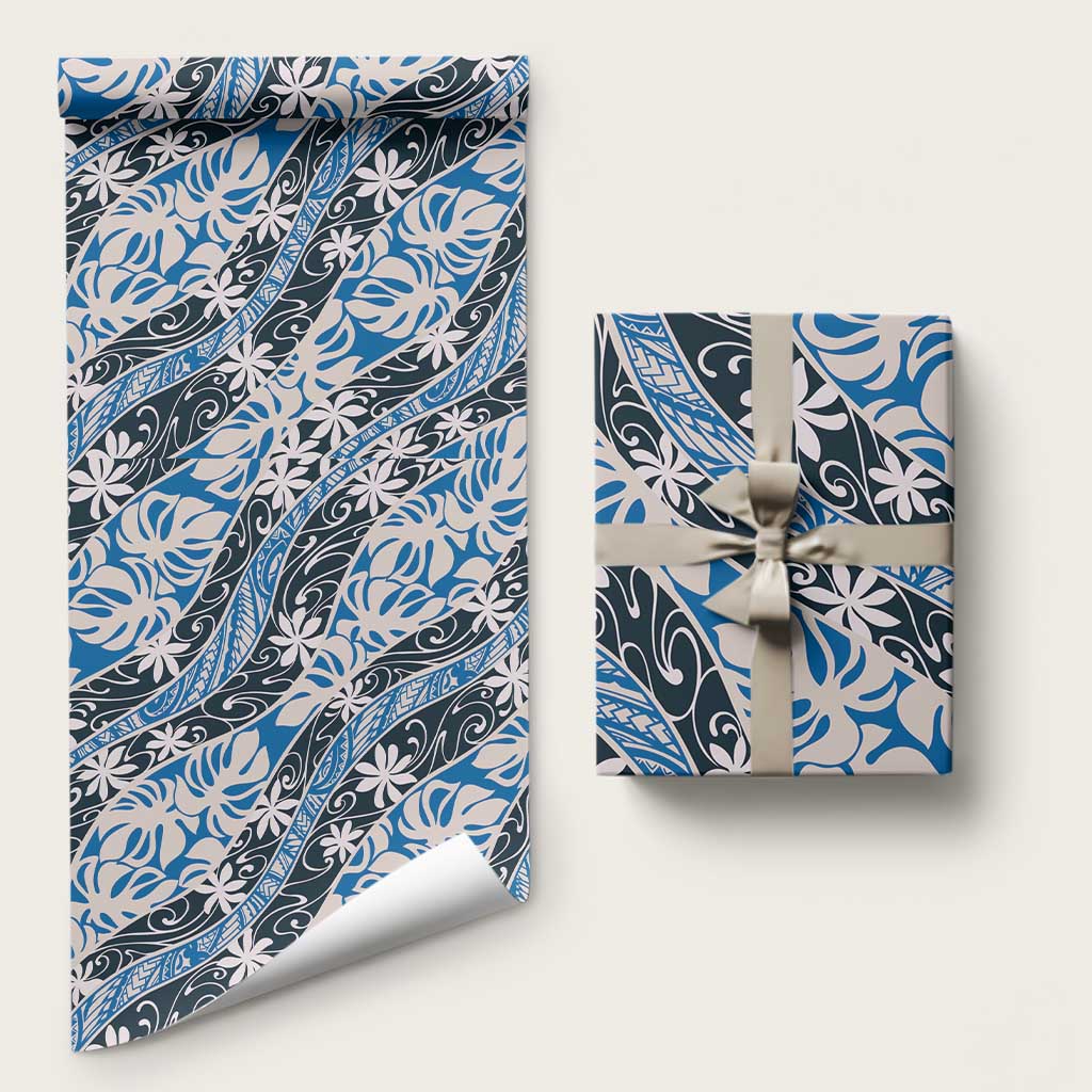 Ninamu Tahiti Tiare Monstera Wrapping Paper Polynesian Pattern Curve Style LT01 58" × 23" Blue - Polynesian Pride