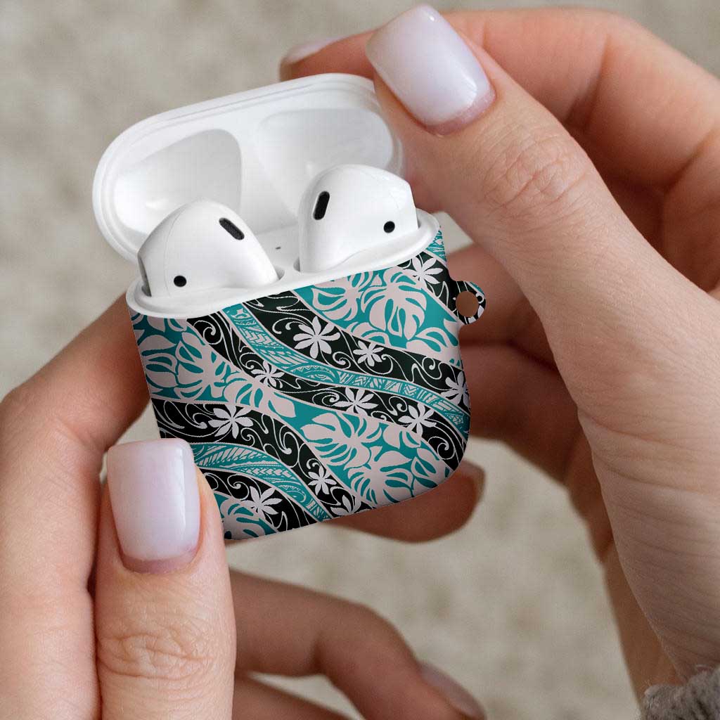 Cyan Tahiti Tiare Monstera AirPods Case Polynesian Pattern Curve Style LT01 - Polynesian Pride