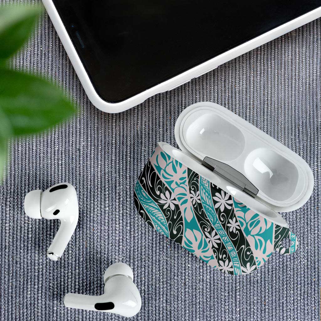 Cyan Tahiti Tiare Monstera AirPods Case Polynesian Pattern Curve Style LT01 - Polynesian Pride