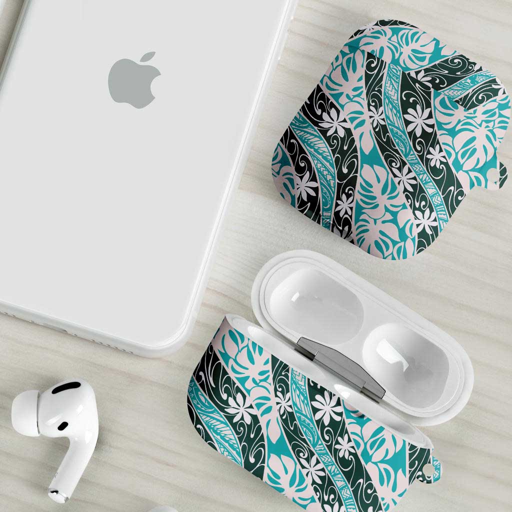 Cyan Tahiti Tiare Monstera AirPods Case Polynesian Pattern Curve Style LT01 - Polynesian Pride
