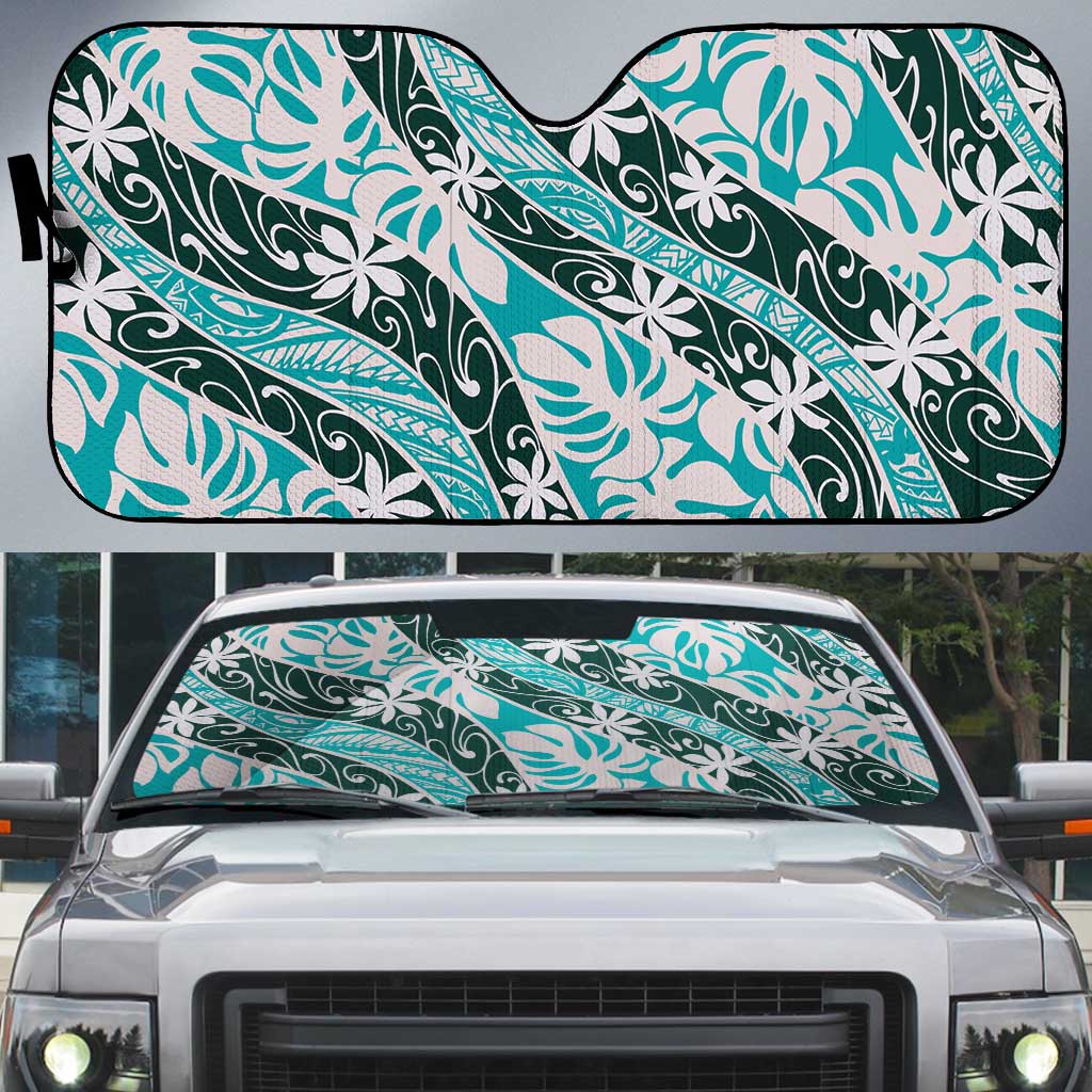 Cyan Tahiti Tiare Monstera Auto Sun Shade Polynesian Pattern Curve Style LT01 Cyan - Polynesian Pride