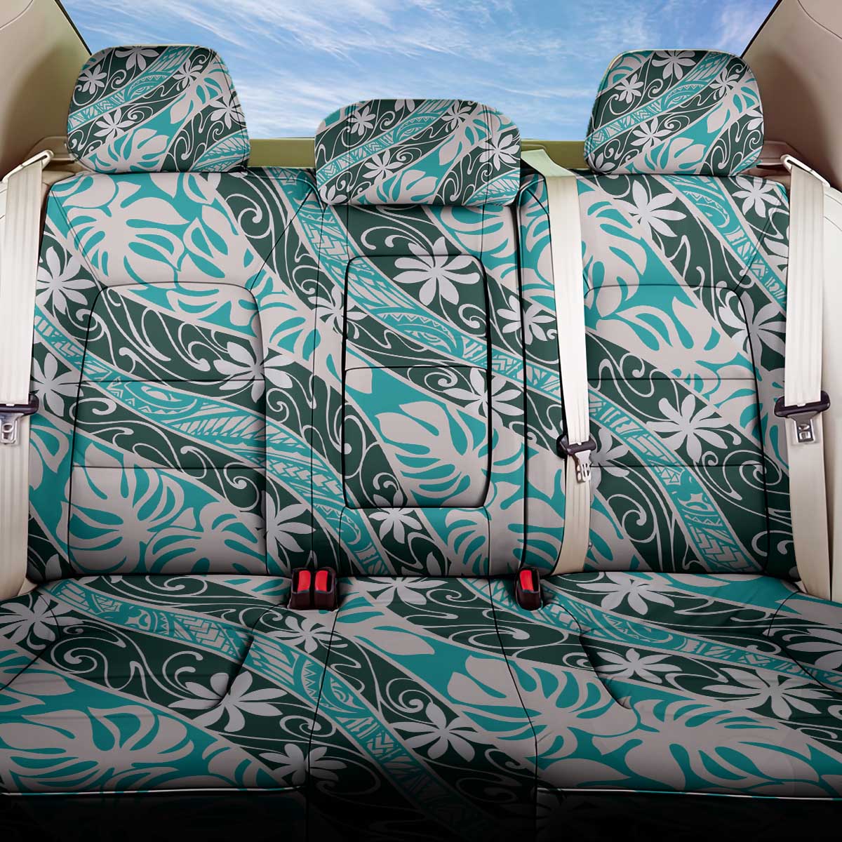 Cyan Tahiti Tiare Monstera Back Car Seat Cover Polynesian Pattern Curve Style LT01 One Size Cyan - Polynesian Pride