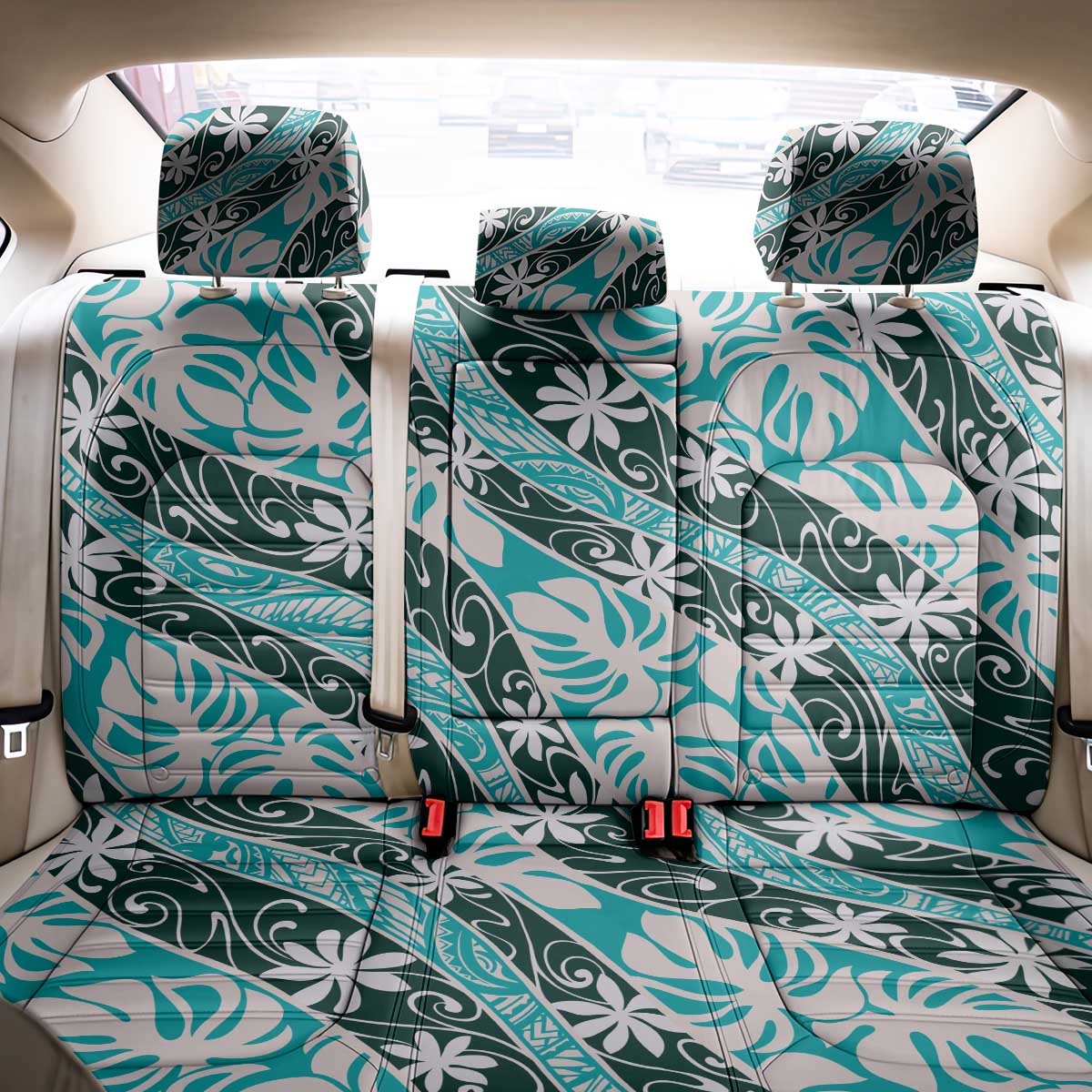 Cyan Tahiti Tiare Monstera Back Car Seat Cover Polynesian Pattern Curve Style LT01 - Polynesian Pride