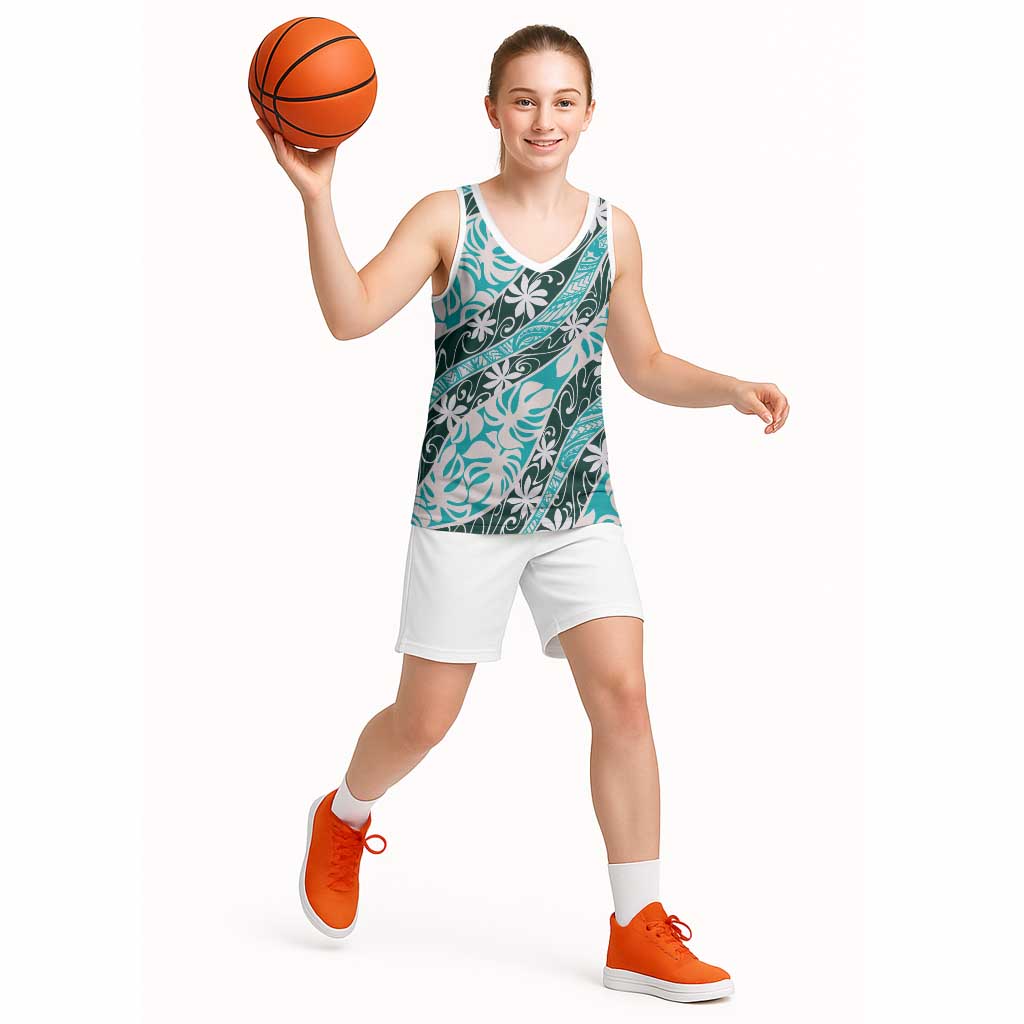 Cyan Tahiti Tiare Monstera Basketball Jersey Polynesian Pattern Curve Style LT01 - Polynesian Pride