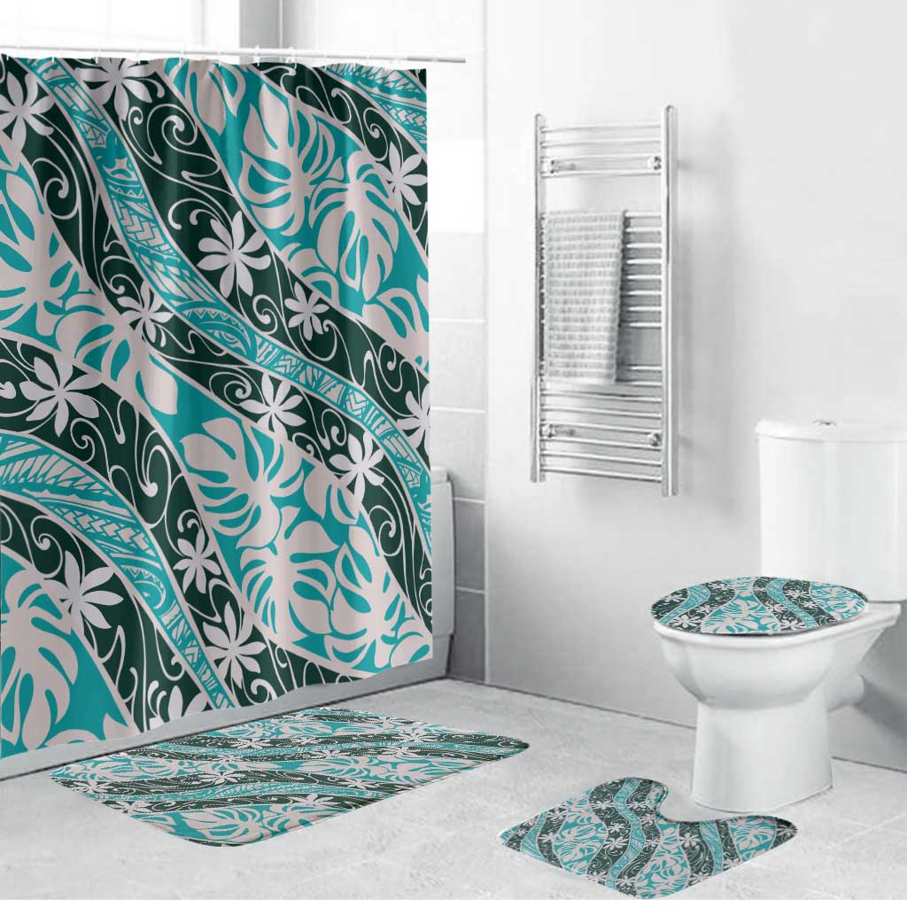 Cyan Tahiti Tiare Monstera Bathroom Set Polynesian Pattern Curve Style LT01 Bathroom Set (4 pcs) Cyan - Polynesian Pride