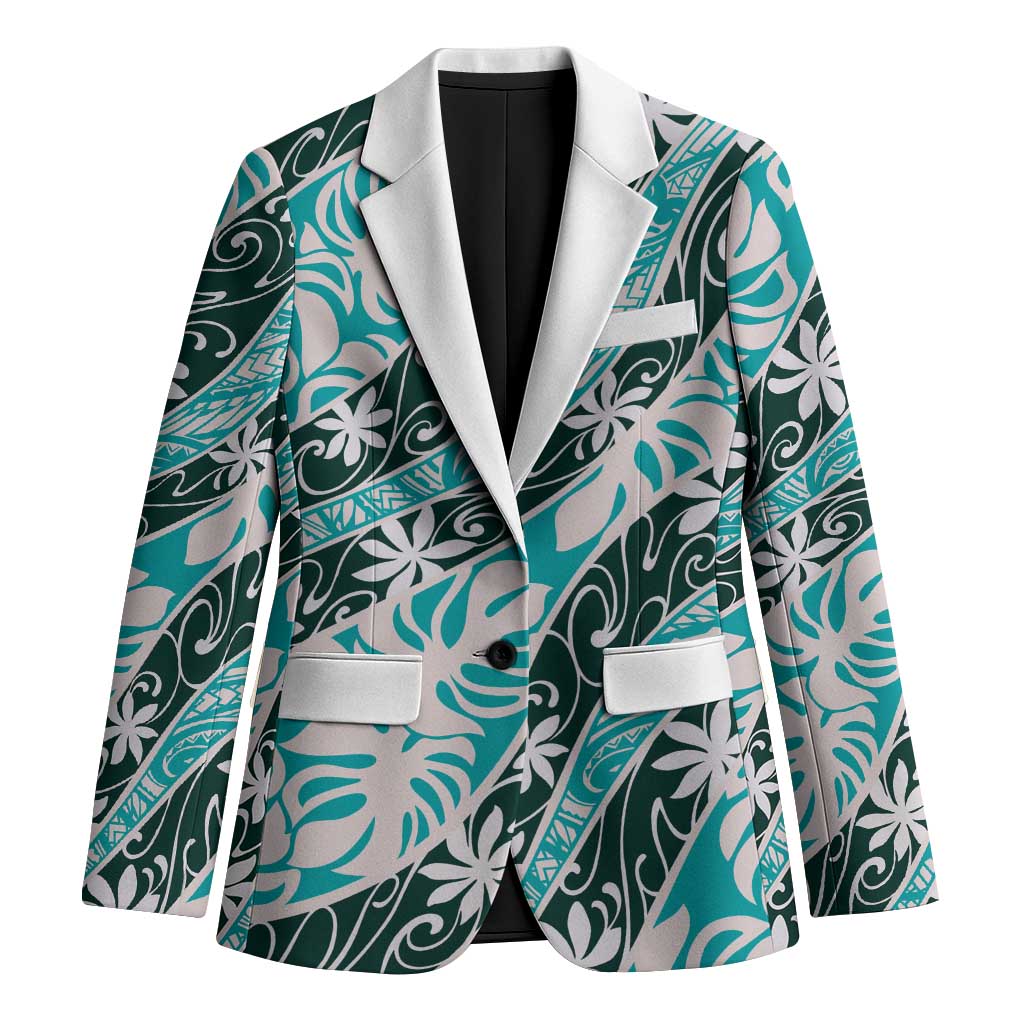 Cyan Tahiti Tiare Monstera Blazer Polynesian Pattern Curve Style LT01 Unisex Cyan - Polynesian Pride