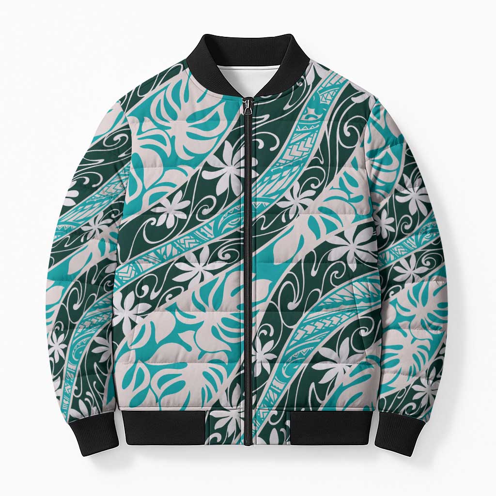 Cyan Tahiti Tiare Monstera Bomber Puffer Jacket Polynesian Pattern Curve Style LT01 Unisex Cyan - Polynesian Pride