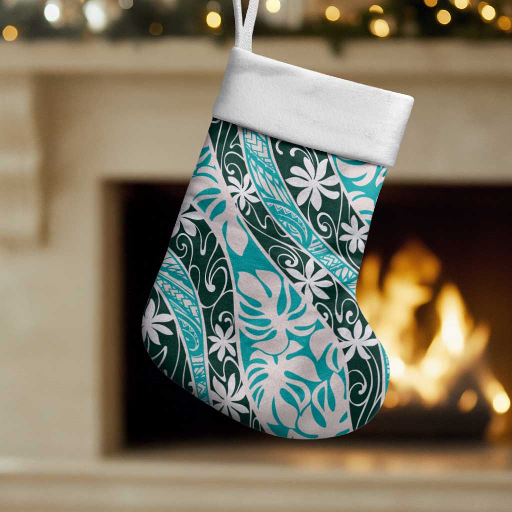 Cyan Tahiti Tiare Monstera Christmas Stocking Polynesian Pattern Curve Style LT01 Set of 2 Cyan - Polynesian Pride