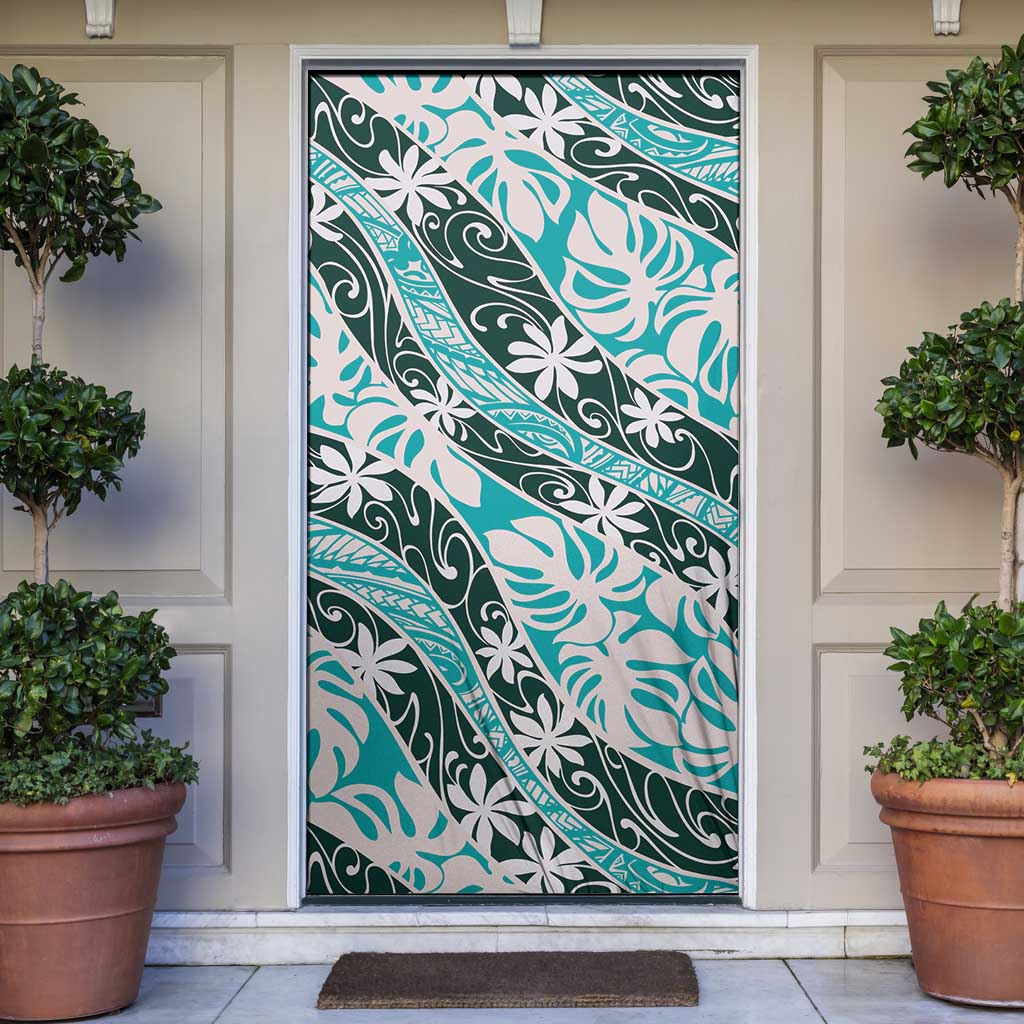 Cyan Tahiti Tiare Monstera Door Cover Polynesian Pattern Curve Style LT01 Cyan - Polynesian Pride