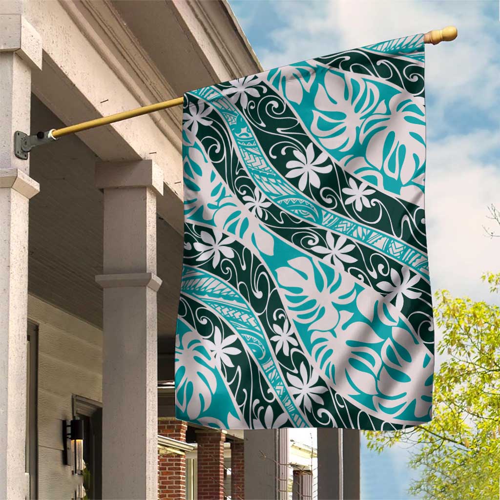 Cyan Tahiti Tiare Monstera Garden Flag Polynesian Pattern Curve Style LT01 House Flag Cyan - Polynesian Pride