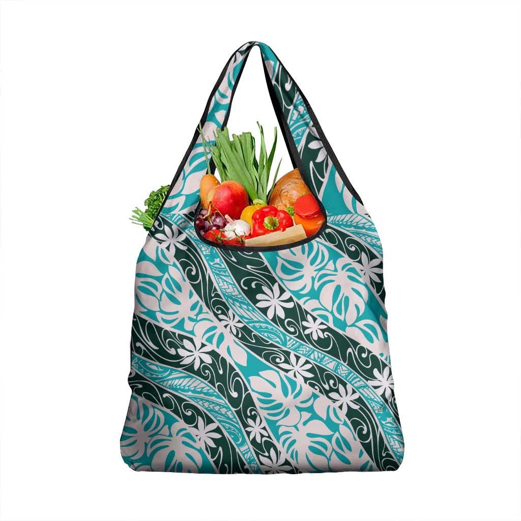Cyan Tahiti Tiare Monstera Grocery Bag Polynesian Pattern Curve Style LT01 1-pack One Size Cyan - Polynesian Pride