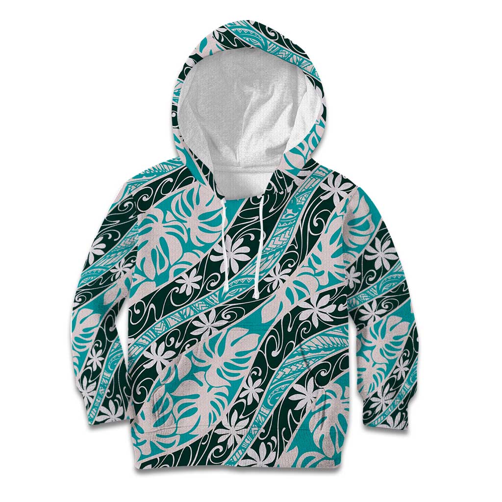 Cyan Tahiti Tiare Monstera Kid Hoodie Polynesian Pattern Curve Style LT01 Hoodie Cyan - Polynesian Pride