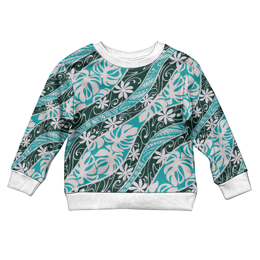 Cyan Tahiti Tiare Monstera Kid Ugly Christmas Sweater Polynesian Pattern Curve Style LT01 Kid Cyan - Polynesian Pride