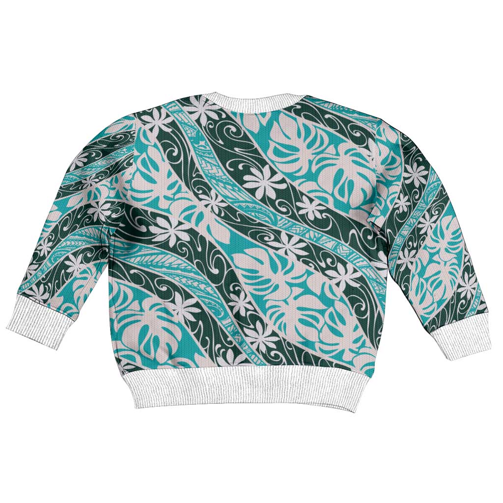 Cyan Tahiti Tiare Monstera Kid Ugly Christmas Sweater Polynesian Pattern Curve Style LT01 - Polynesian Pride