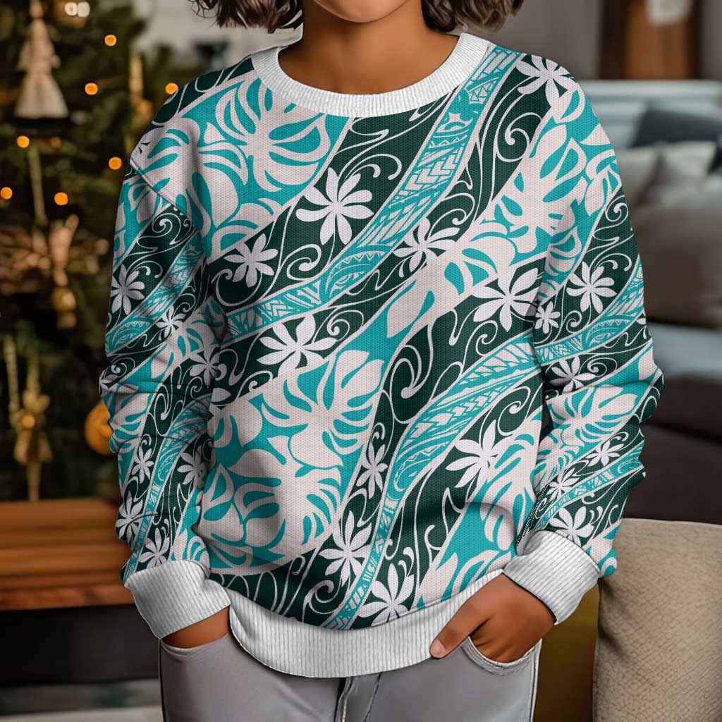 Cyan Tahiti Tiare Monstera Kid Ugly Christmas Sweater Polynesian Pattern Curve Style LT01 - Polynesian Pride