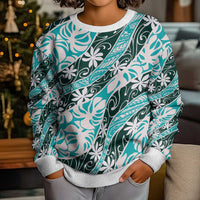 Cyan Tahiti Tiare Monstera Kid Ugly Christmas Sweater Polynesian Pattern Curve Style LT01 - Polynesian Pride