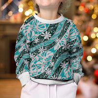 Cyan Tahiti Tiare Monstera Kid Ugly Christmas Sweater Polynesian Pattern Curve Style LT01 - Polynesian Pride