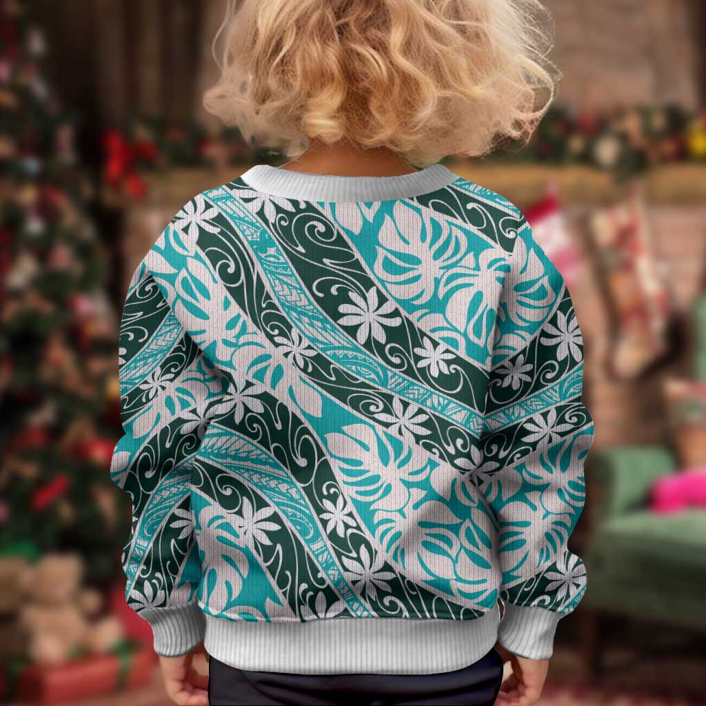 Cyan Tahiti Tiare Monstera Kid Ugly Christmas Sweater Polynesian Pattern Curve Style LT01 - Polynesian Pride