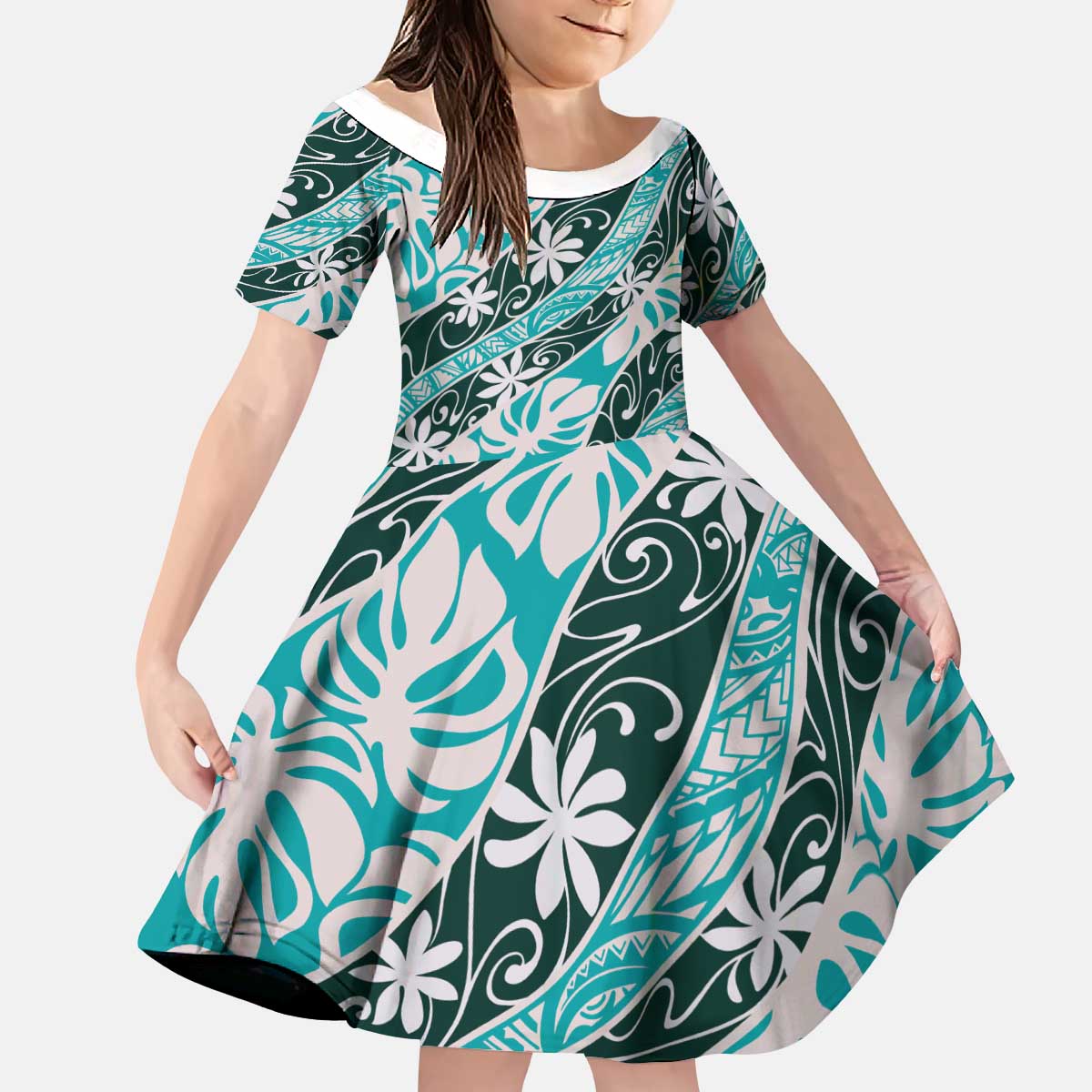 Cyan Tahiti Tiare Monstera Kid Short Sleeve Dress Polynesian Pattern Curve Style LT01 KID Cyan - Polynesian Pride