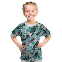 Cyan Tahiti Tiare Monstera Kid T Shirt Polynesian Pattern Curve Style LT01 Cyan - Polynesian Pride