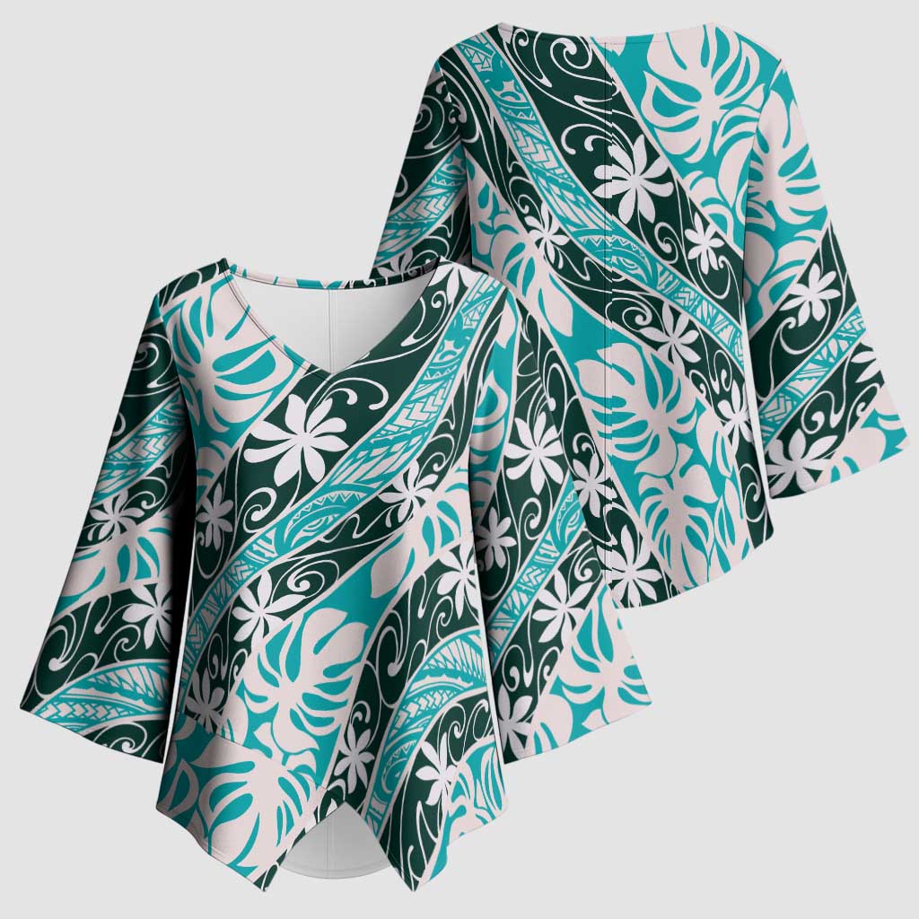 Cyan Tahiti Tiare Monstera Kimono Sleeve Blouse Polynesian Pattern Curve Style LT01 - Polynesian Pride