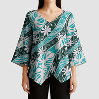 Cyan Tahiti Tiare Monstera Kimono Sleeve Blouse Polynesian Pattern Curve Style LT01 - Polynesian Pride