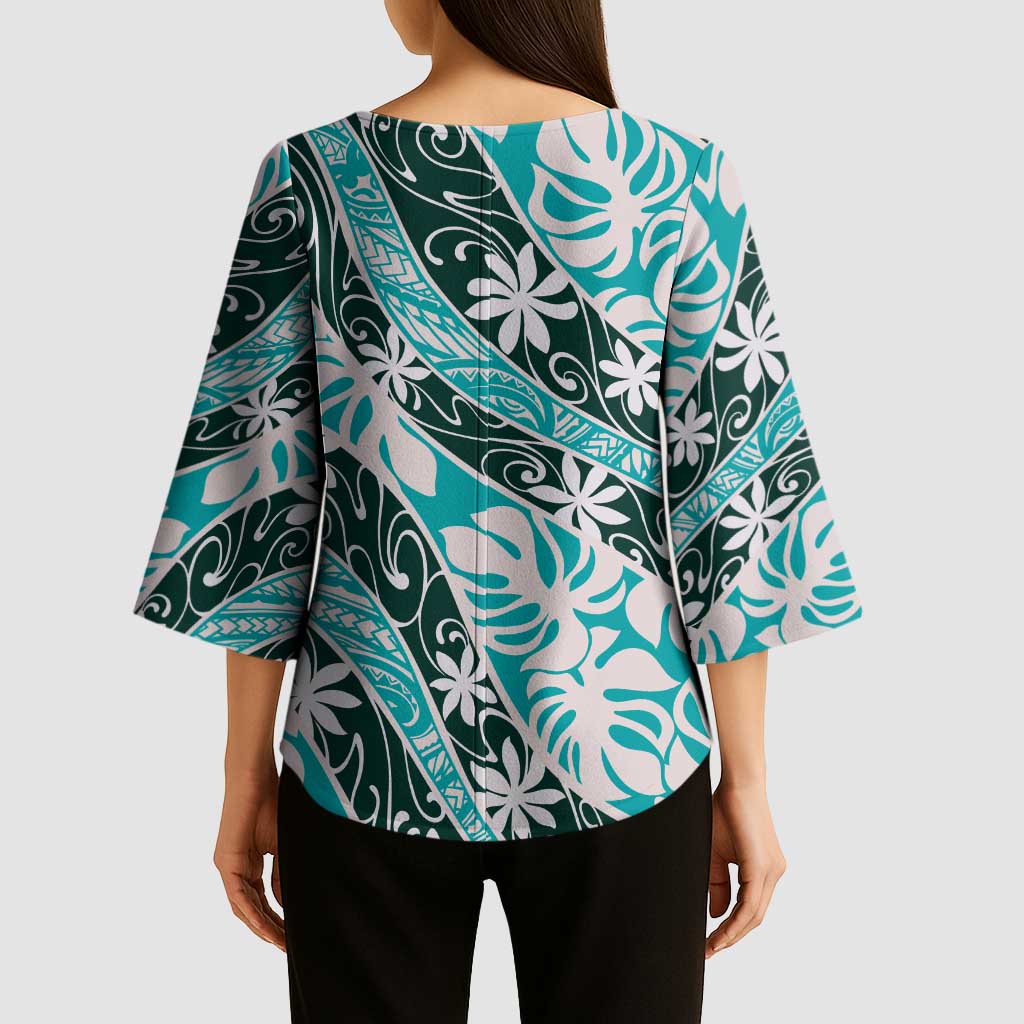 Cyan Tahiti Tiare Monstera Kimono Sleeve Blouse Polynesian Pattern Curve Style LT01 - Polynesian Pride
