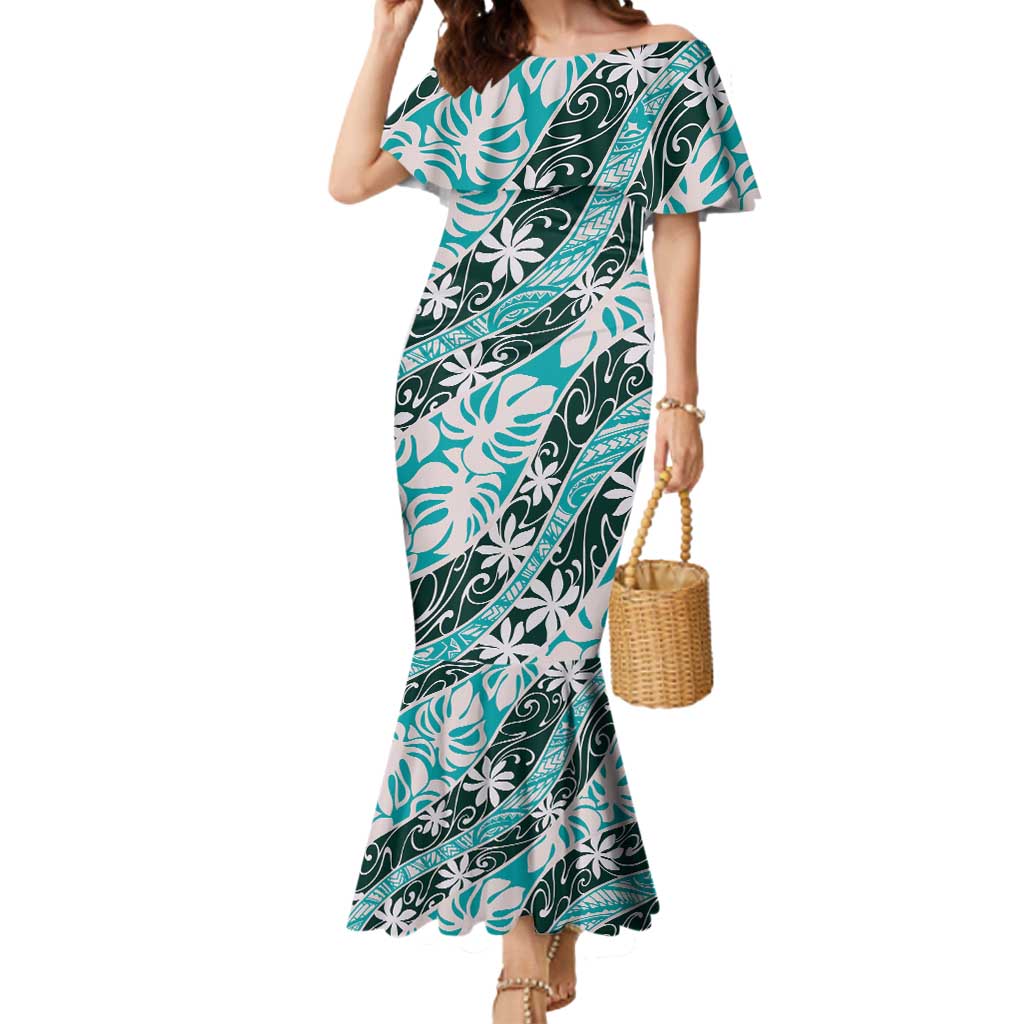 Cyan Tahiti Tiare Monstera Mermaid Dress Polynesian Pattern Curve Style LT01 Women Cyan - Polynesian Pride