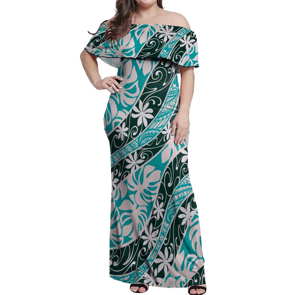Cyan Tahiti Tiare Monstera Off Shoulder Maxi Dress Polynesian Pattern Curve Style LT01 Women Cyan - Polynesian Pride