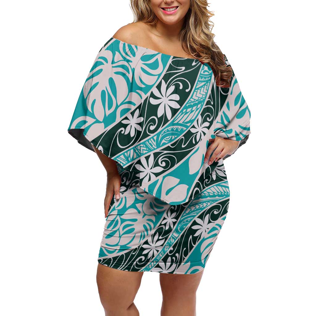 Cyan Tahiti Tiare Monstera Off Shoulder Short Dress Polynesian Pattern Curve Style LT01 Women Cyan - Polynesian Pride