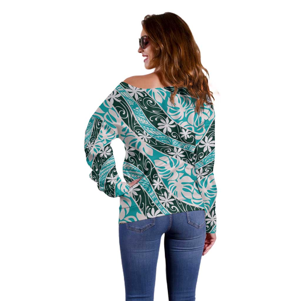 Cyan Tahiti Tiare Monstera Off Shoulder Sweater Polynesian Pattern Curve Style LT01 - Polynesian Pride