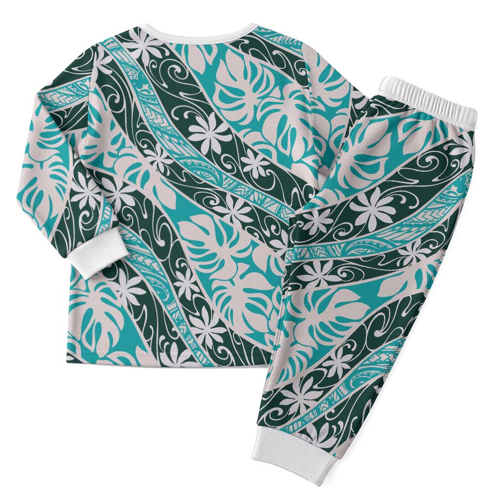 Cyan Tahiti Tiare Monstera Christmas Pajama Set Polynesian Pattern Curve Style LT01 - Polynesian Pride