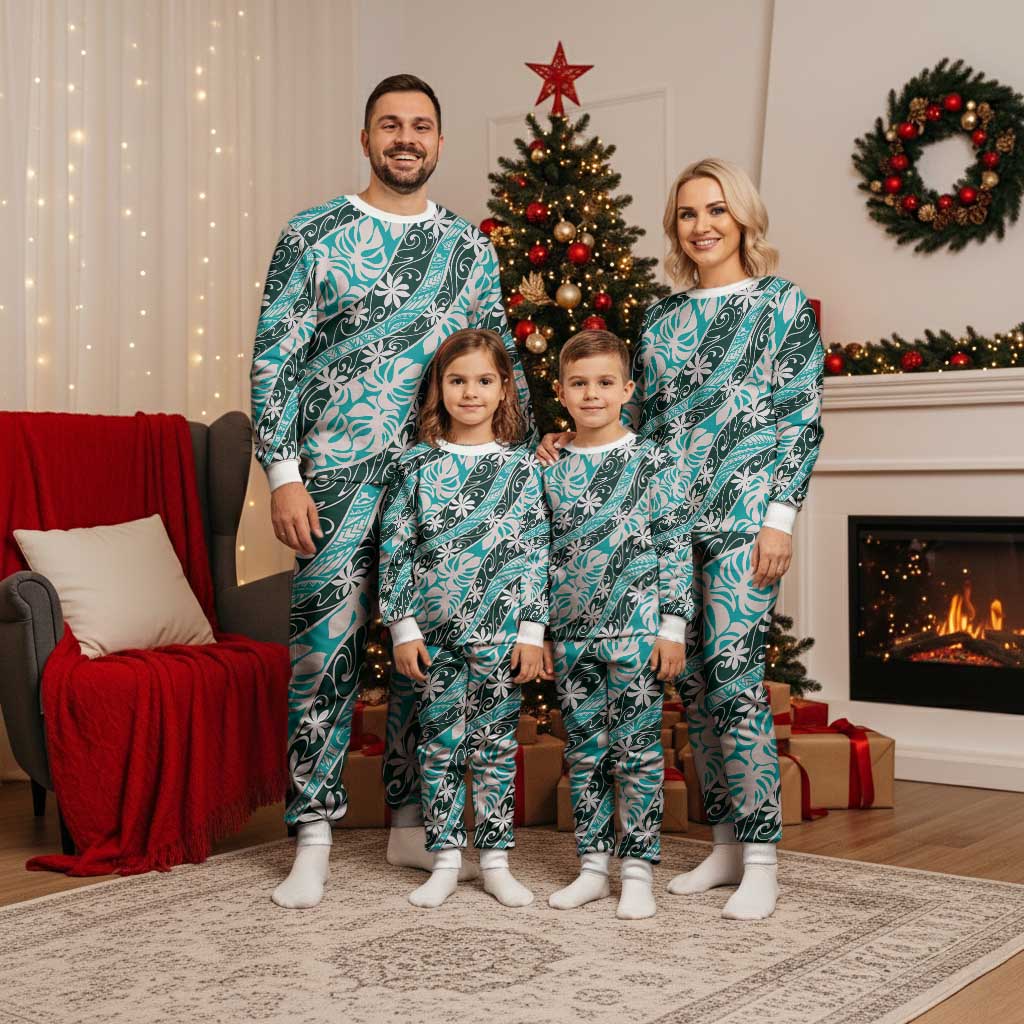 Cyan Tahiti Tiare Monstera Christmas Pajama Set Polynesian Pattern Curve Style LT01 - Polynesian Pride