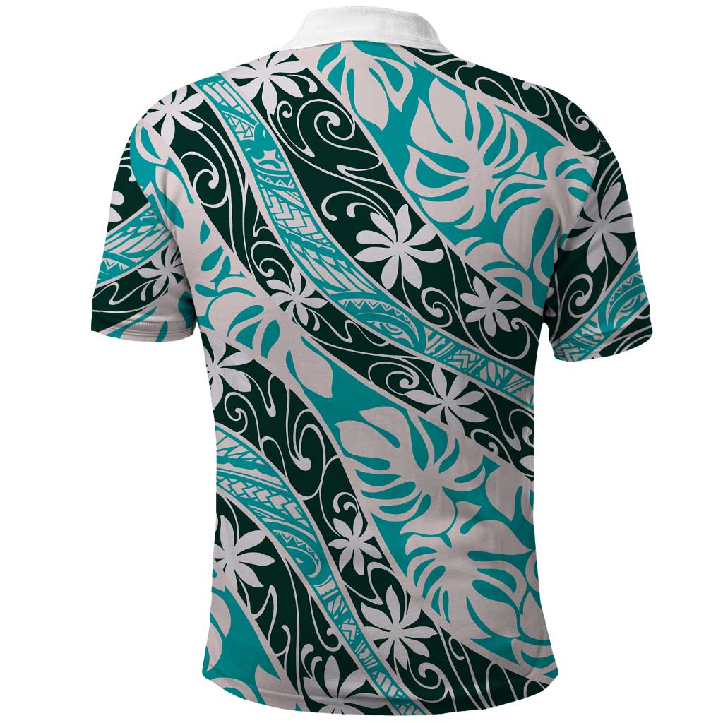 Cyan Tahiti Tiare Monstera Polo Shirt Polynesian Pattern Curve Style LT01 - Polynesian Pride