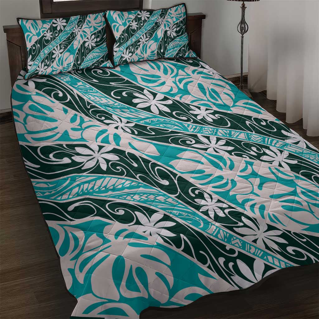 Cyan Tahiti Tiare Monstera Quilt Bed Set Polynesian Pattern Curve Style LT01 Cyan - Polynesian Pride