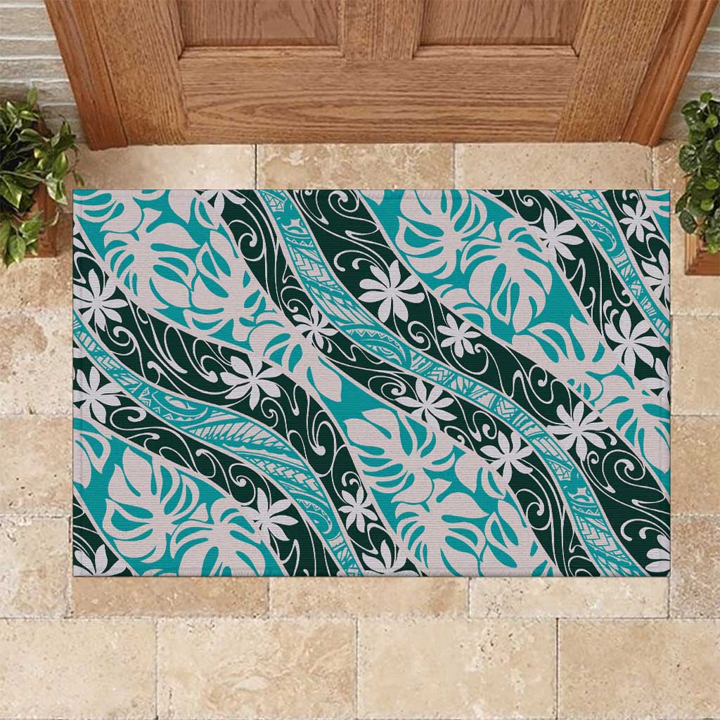 Cyan Tahiti Tiare Monstera Rubber Doormat Polynesian Pattern Curve Style LT01 Cyan - Polynesian Pride