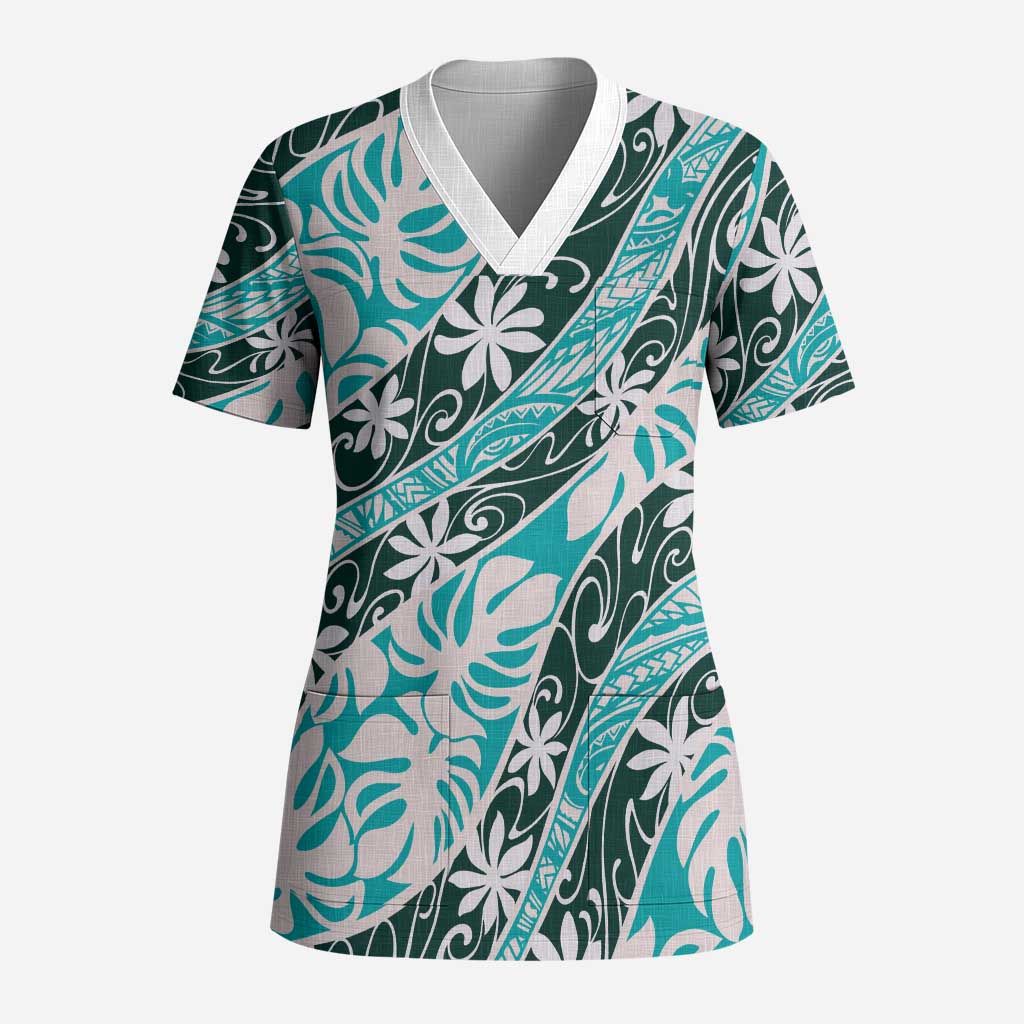 Cyan Tahiti Tiare Monstera Scrub Top Polynesian Pattern Curve Style LT01 Adult Cyan - Polynesian Pride