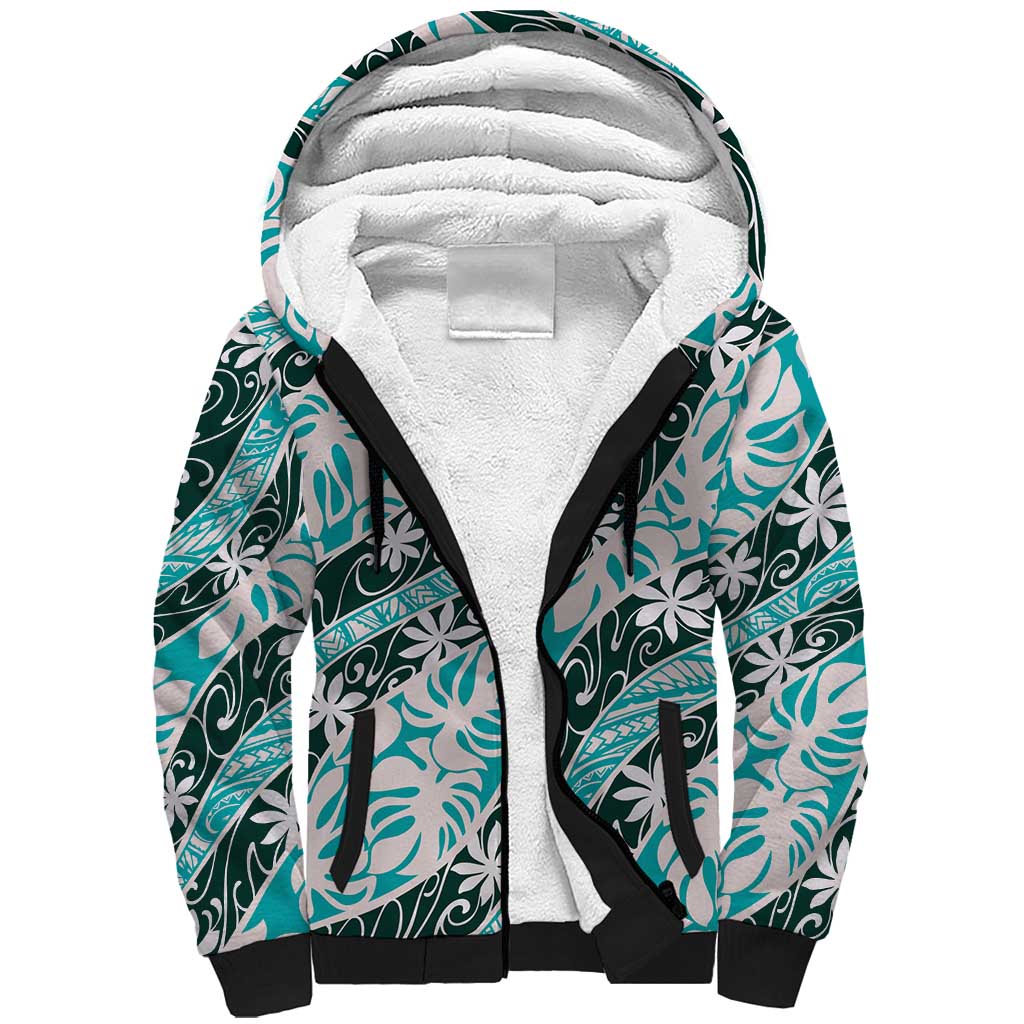Cyan Tahiti Tiare Monstera Sherpa Hoodie Polynesian Pattern Curve Style LT01 Unisex Cyan - Polynesian Pride