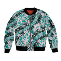 Cyan Tahiti Tiare Monstera Sleeve Zip Bomber Jacket Polynesian Pattern Curve Style LT01 Unisex Cyan - Polynesian Pride