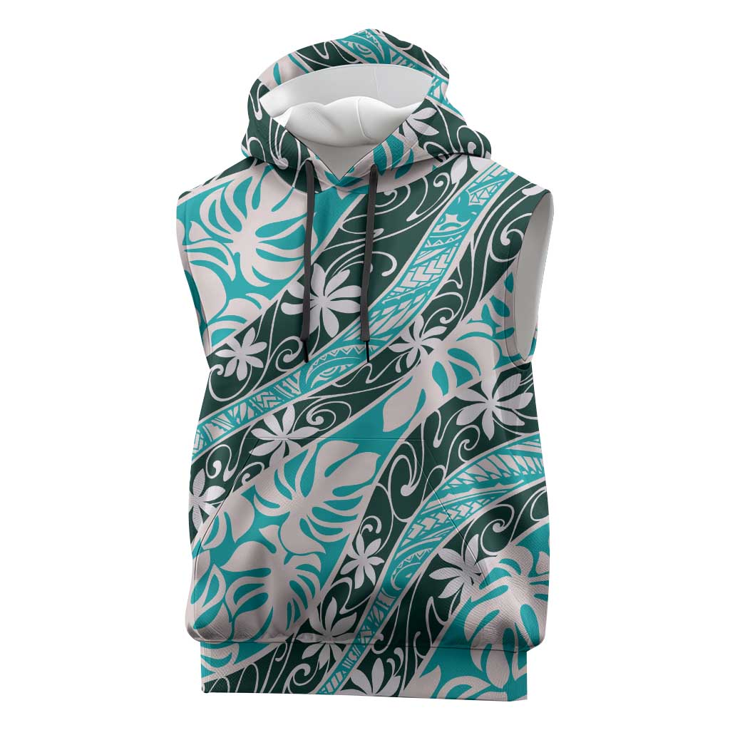 Cyan Tahiti Tiare Monstera Sleeveless Hoodie Polynesian Pattern Curve Style LT01 Cyan - Polynesian Pride