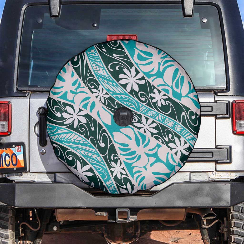 Cyan Tahiti Tiare Monstera Spare Tire Cover Polynesian Pattern Curve Style LT01 Cyan - Polynesian Pride