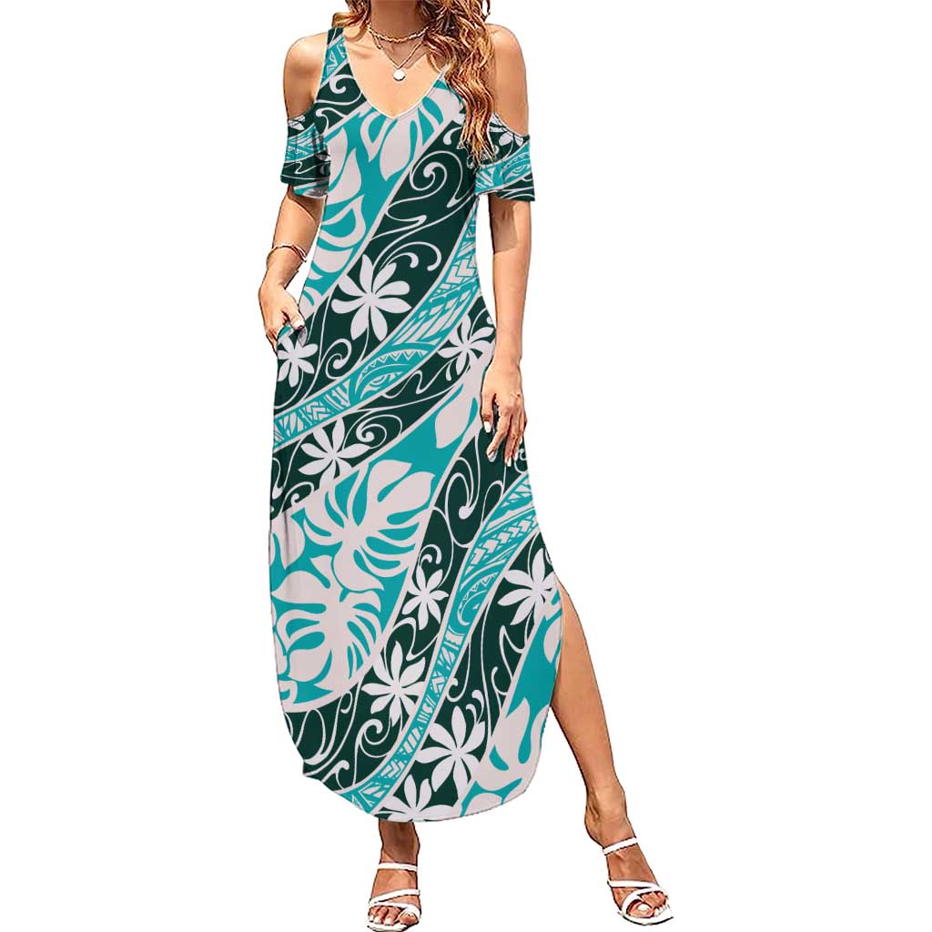 Cyan Tahiti Tiare Monstera Summer Maxi Dress Polynesian Pattern Curve Style LT01 Women Cyan - Polynesian Pride