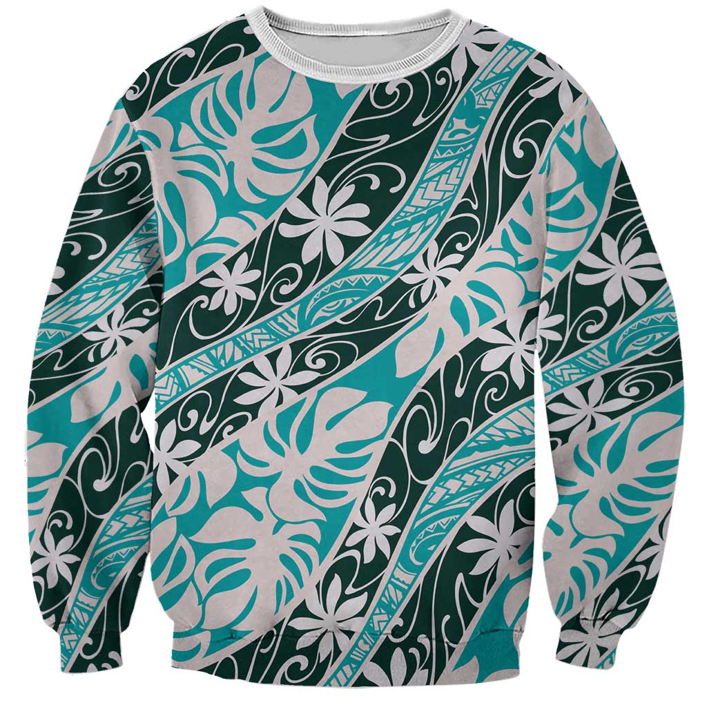 Cyan Tahiti Tiare Monstera Sweatshirt Polynesian Pattern Curve Style LT01 Unisex Cyan - Polynesian Pride