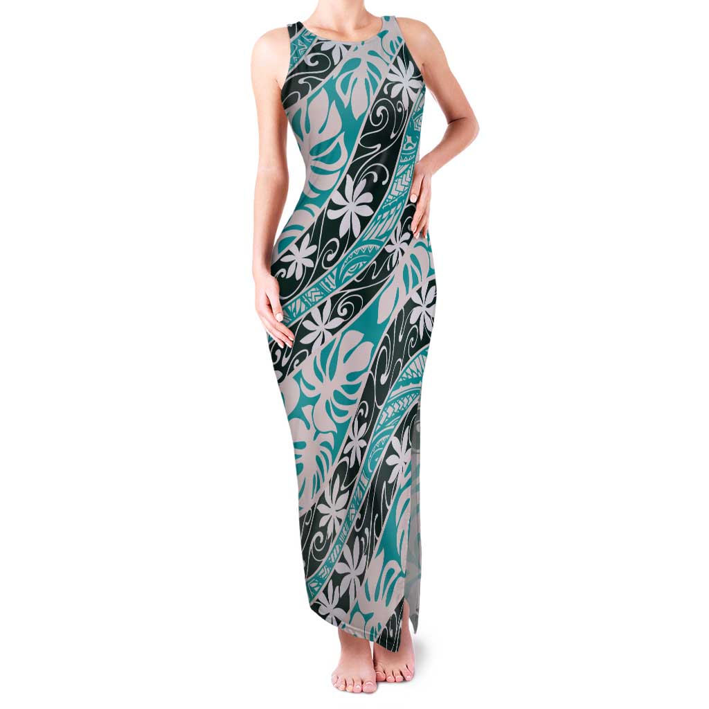 Cyan Tahiti Tiare Monstera Tank Maxi Dress Polynesian Pattern Curve Style LT01 Women Cyan - Polynesian Pride