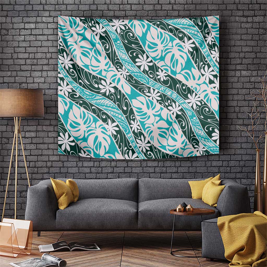Cyan Tahiti Tiare Monstera Tapestry Polynesian Pattern Curve Style LT01 Cyan - Polynesian Pride