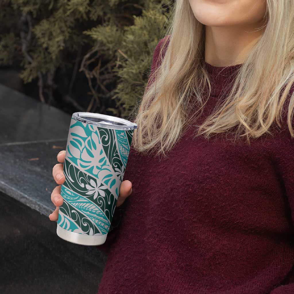 Cyan Tahiti Tiare Monstera Tumbler Cup Polynesian Pattern Curve Style LT01 - Polynesian Pride