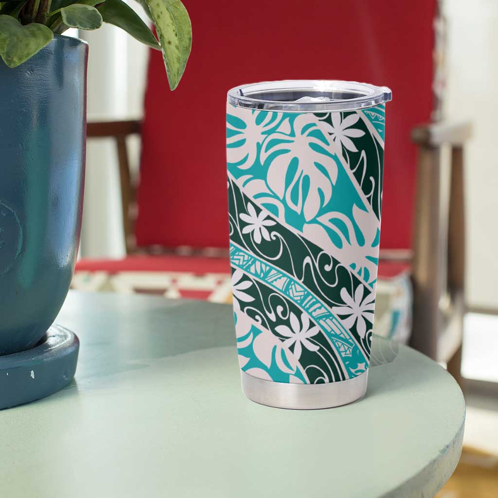 Cyan Tahiti Tiare Monstera Tumbler Cup Polynesian Pattern Curve Style LT01 - Polynesian Pride